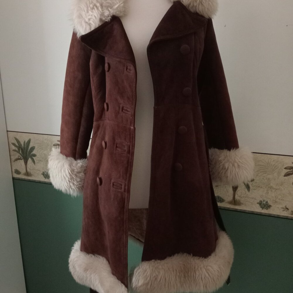 True Vintage 60s 70s Penny Lane Faux Suede Fur Princess Coat Brown - Picture 6 of 6
